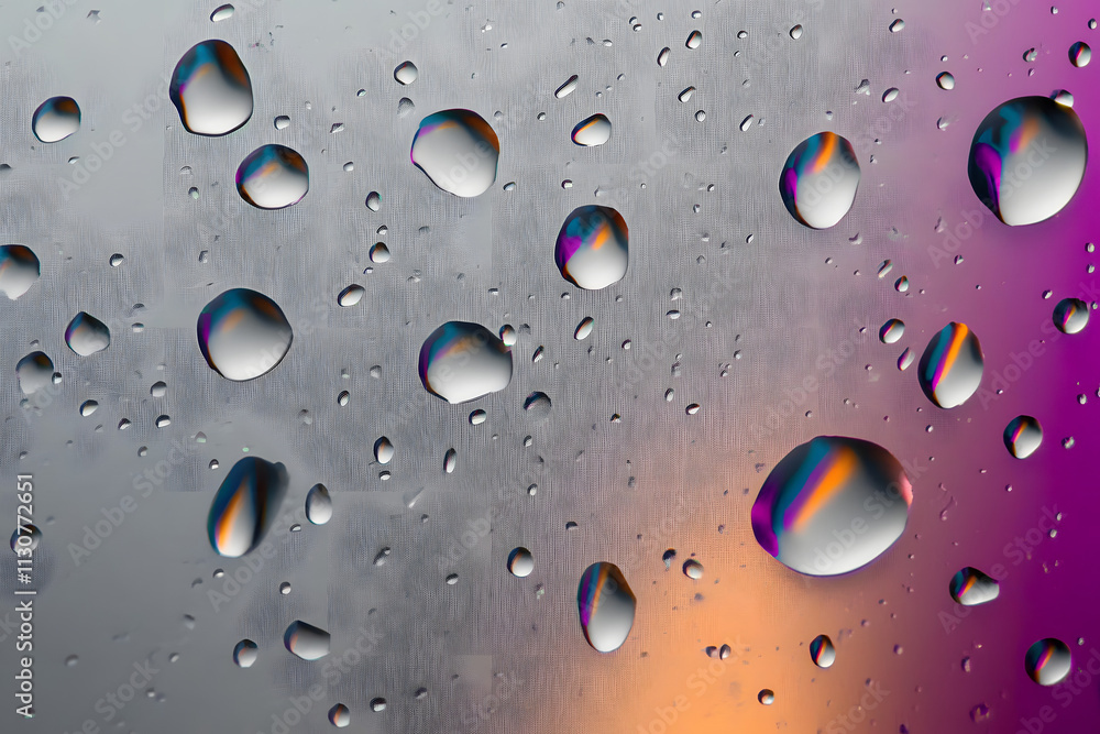 Poster raindrops on a smooth grey surface creating intriguing patterns and reflections