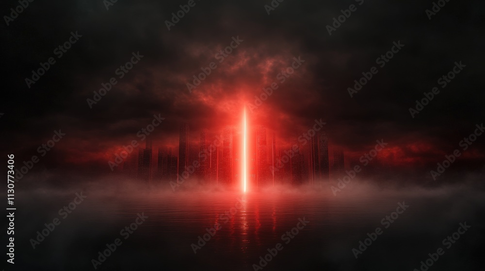 Poster a striking red vertical light pierces through dark clouds, reflecting ominously on a misty surface b