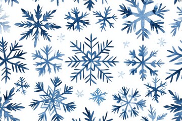 A seamless pattern of watercolor snowflakes on a white, isolated background.