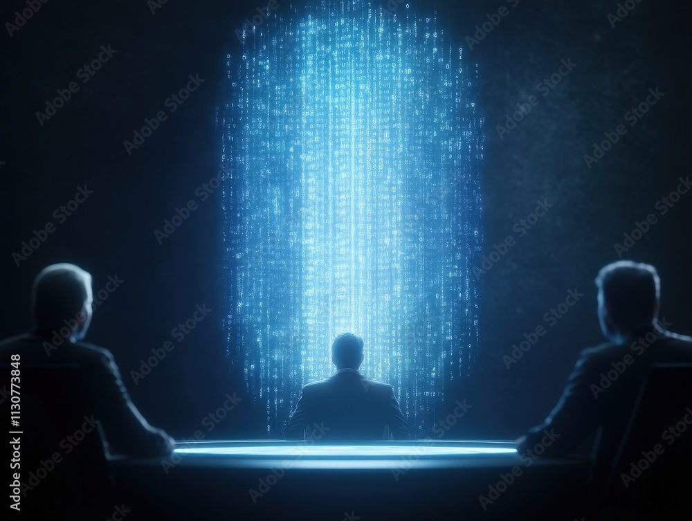 Poster a futuristic scene featuring three figures at a table, with a glowing digital interface projecting d