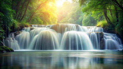 Naklejka premium Serene Waterfall Cascading Through Lush Green Forest Landscape