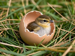 Chick Emerging from Broken Eggshell in Natural Setting