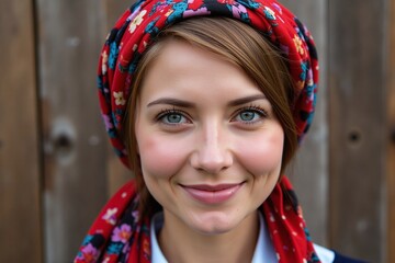 Fototapeta premium A Close-Up Portrait of a Beautiful Woman Wearing a Scarf against a Wooden Wall