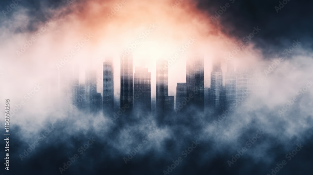 Poster a misty skyline emerges from fog, illuminated by a warm glow, creating a mysterious and ethereal atm