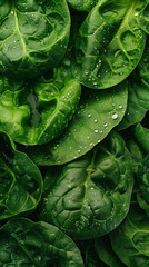 Fototapeta premium A close-up view of fresh spinach leaves covered in water droplets, highlighting the vivid green color and natural texture, evoking a fresh garden feel