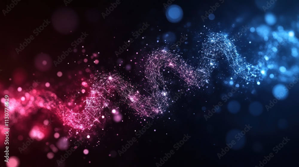 Poster a vibrant wave of particles in pink and blue hues, set against a dark background, creating a dynamic