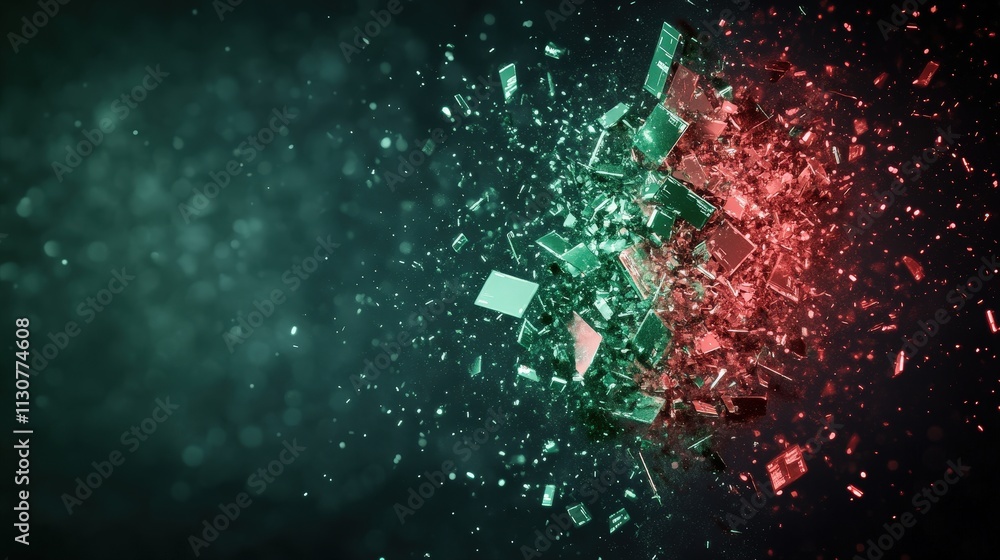 Poster a vibrant explosion of fragmented glass pieces in green and red hues, creating a dynamic and energet