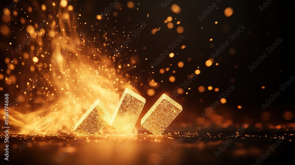 Aufkleber a dynamic scene with glowing gold bars amidst sparks and flames, creating a visually striking displa