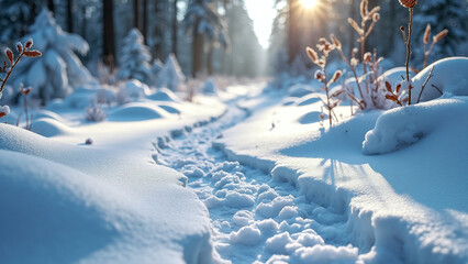 Snow-Covered Pathway with Sunlight Filtering Through Trees