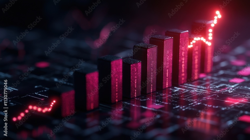 Poster a digital representation of a rising bar graph, illuminated in red, against a dark background, symbo