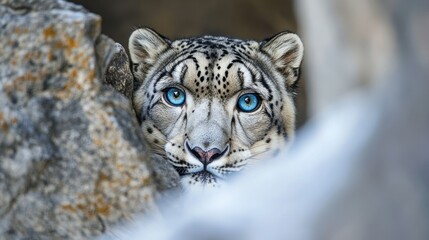 Fototapeta premium A snow leopard peering out from behind a boulder, its piercing blue eyes contrasting with the rugged, icy terrain.
