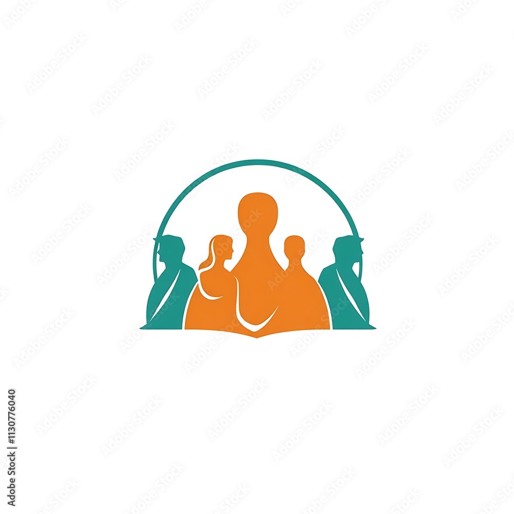 Poster community of learners: a symbolic logo design featuring an open book with four people standing toget