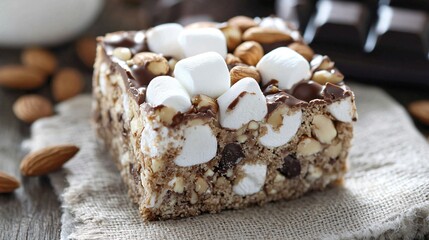 Close up of a rocky road square with visible chocolate chunks, marshmallows, and almonds, set on a rustic linen cloth
