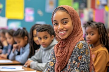 Obraz premium Standing by a table, a cheerful young teacher addresses a group of multicultural students, focusing on one as she explains the rules.