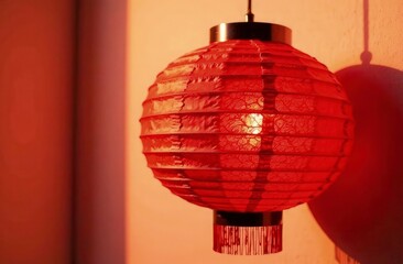 Obraz premium A close-up of a red paper lantern, detailed patterns and textures visible under gentle warm light, with a soft shadow cast against a plain wall