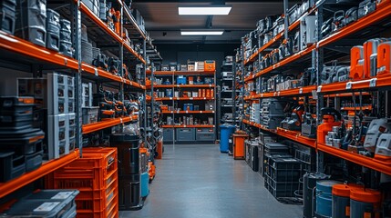 Fototapeta premium An expansive view down a hardware store aisle, where shelves are lined with tools, paint cans, and construction supplies, all under the glow of fluorescent lights.