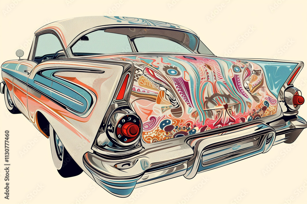 Poster a line art of a classic car, with intricate patterns and a rich, multicolored palette.