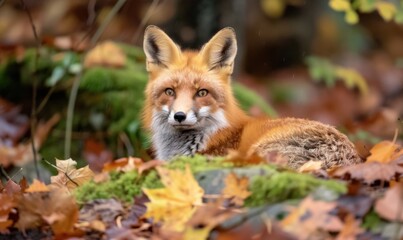 Vibrant orange fox with sharp ears, piercing yellow eyes, and luxurious thick fur, sitting on a mossy forest floor surrounded by autumn leaves.