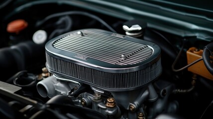 Mechanic repair and engine concept. Close-up view of an automotive air filter mounted on an engine, showcasing intricate details and metallic textures.