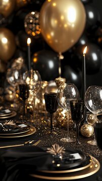 Elegant Black and Gold Party Table Decor for New Year, Golden and Black Party Decor, New Year's day, New Year's Eve 
