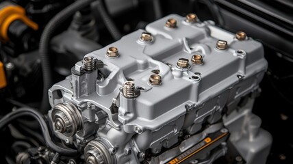 Fototapeta premium Mechanic repair and engine concept. Close-up of a silver engine component showcasing intricate details and bolts, highlighting automotive engineering and design.