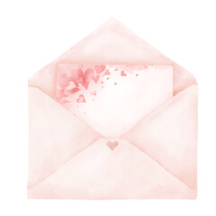 Pink envelope with white paper decorated with valentines. Watercolor digital illustration. Open envelope with small heart isolated on white background. For Valentine's Day