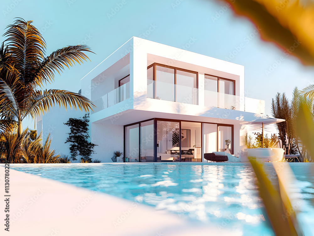 Poster 3d rendering of a modern white villa with a swimming pool and palm trees in the front.
