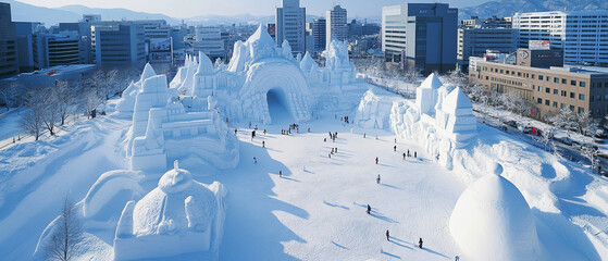 Aerial view of Sapporo Snow Festival showcasing stunning snow sculptures and visitors enjoying winter wonderland