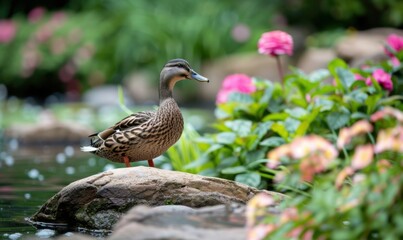 Wild Duck in Lush Garden - Nature Photography for Posters, Prints, Cards