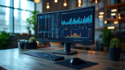 An accountant calculating taxes with graphs and spreadsheets displayed on dual monitors