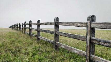 Obraz premium Weathered Wooden Fence Across Grassy Field