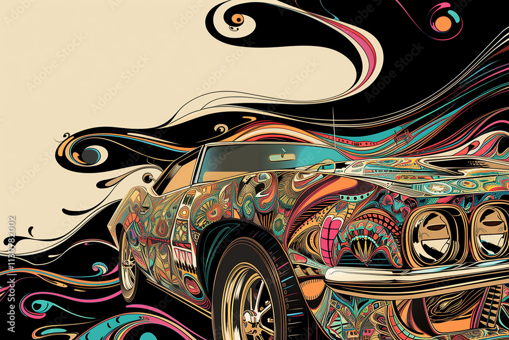Poster a line art of a classic car, with intricate patterns and a rich, multicolored palette.