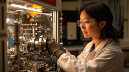 Mechanic repair and engine concept. A woman in a lab coat and safety goggles works on mechanical equipment in a laboratory setting, showcasing precision and focus.