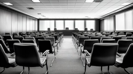 Fototapeta premium Corporate bankruptcy hearing room filled with solemn atmosphere, legal professionals and stakeholders discussing financial restructuring and future prospects.