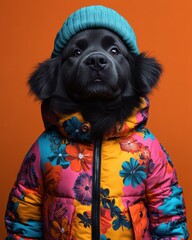 Obraz premium A dog wearing a color hat and a floral jacket