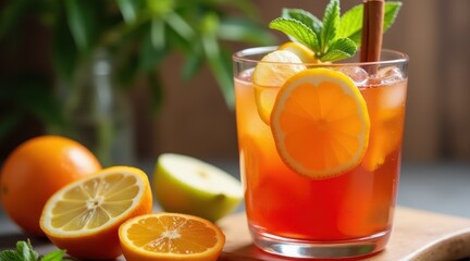 Fototapeta premium Refreshing close-up of a vibrant fruit punch cocktail garnished with orange slices, apple wedges, mint leaves, and a sugar-rimmed glass
