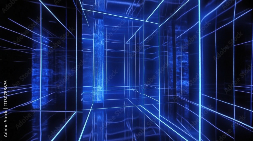 Poster futuristic blue neon geometry in a dark abstract space with glowing lines, creating a sci-fi environ