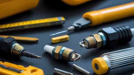 Mechanic repair and engine concept. Close-up of various tools and spark plugs arranged on a dark surface, showcasing intricate details and a vibrant yellow color scheme.