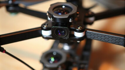 Fototapeta premium A closeup of a drone being fitted with highdefinition cameras and sensors highlighting the integration of technology and innovation in assembly.
