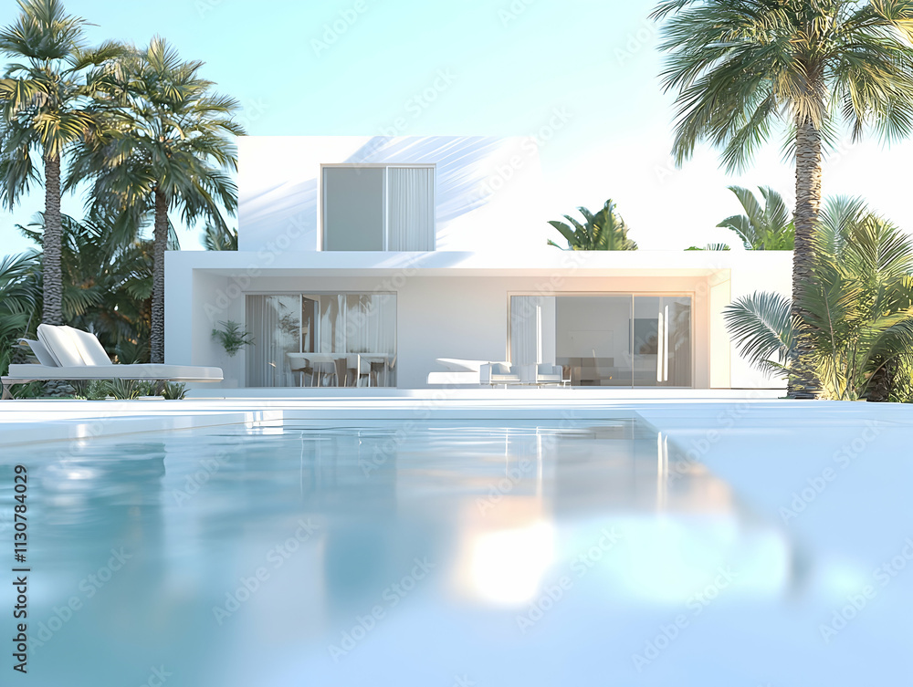 Poster 3d rendering of a modern white villa with a swimming pool and palm trees in the front.