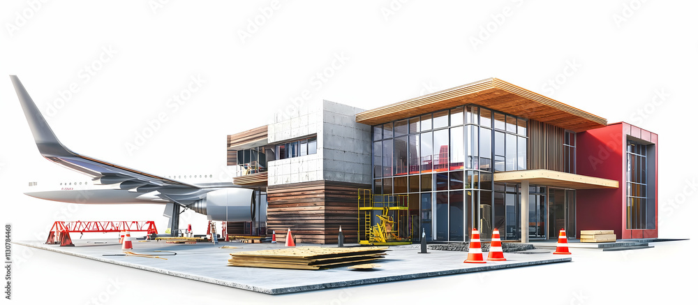 Poster 3d rendering of a modern house under construction with an airplane wing, featuring a red and white c
