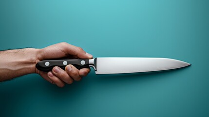 Hand holding a chef's knife on a teal background.