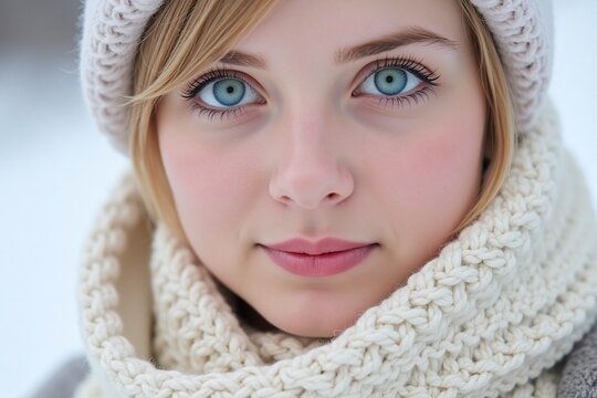 A Close-up Portrait of a Beautiful Russian Girl with Green Eyes Wearing a White Wool Outfit