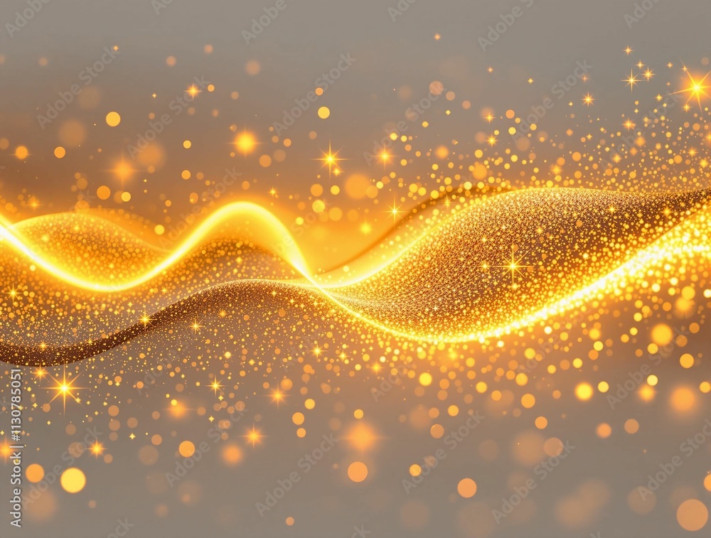 Poster Golden waves of light ripple across a soft gray background, dotted with shimmering particles.