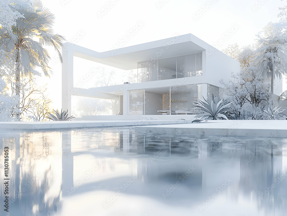 Poster 3d rendering of a modern white villa with a swimming pool and palm trees in the front.