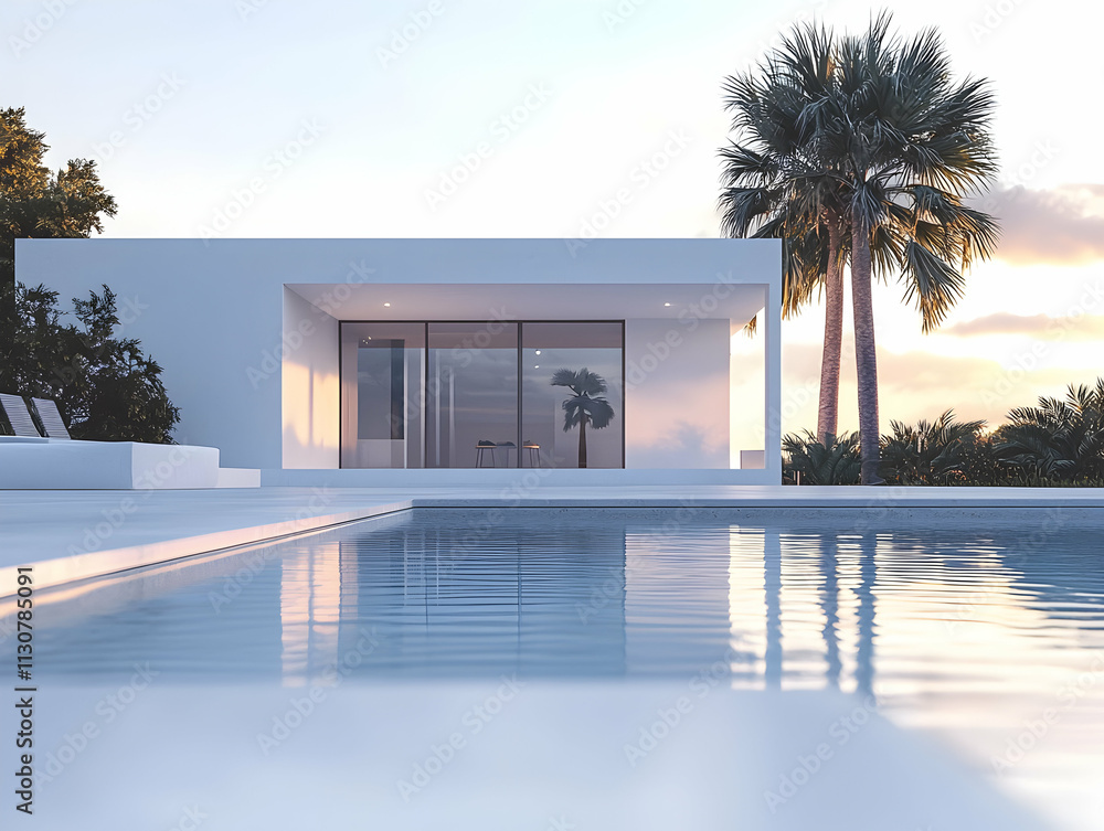 Poster 3d rendering of a modern white villa with a swimming pool and palm trees in the front.