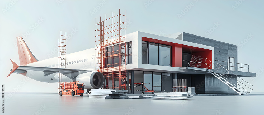 Poster 3d rendering of a modern house under construction with an airplane wing, featuring a red and white c
