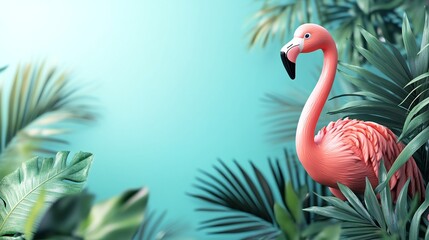 Obraz premium Serene Tropical Paradise: A Pink Flamingo Amongst Lush Greenery Against Blue-Hued Skies