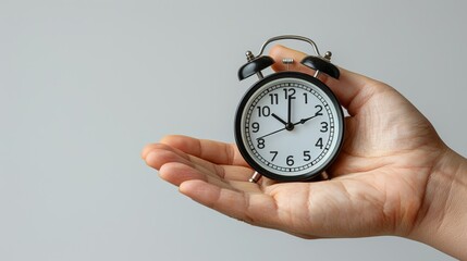 Hand holding a classic black alarm clock.