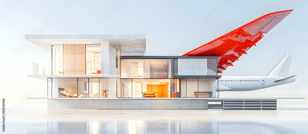 Poster 3d rendering of a modern house under construction with an airplane wing, featuring a red and white c
